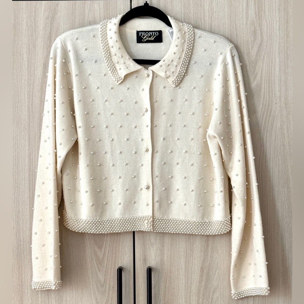 Vintage Bridal Pearl Cardigan Sweater For Wedding, size medium
